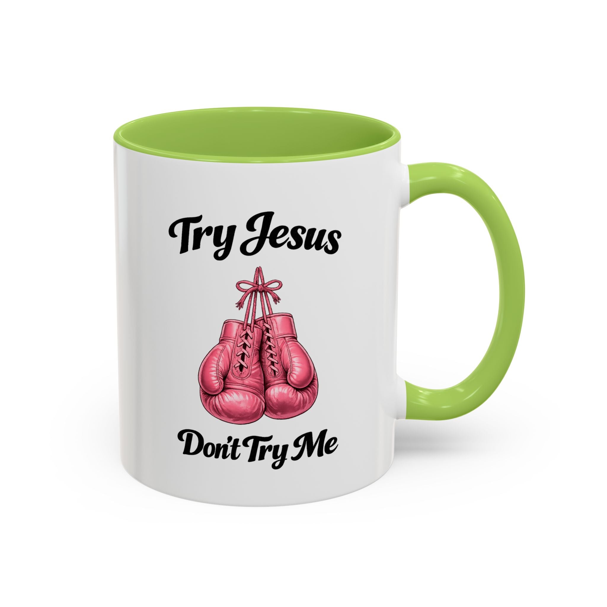 Try Jesus, Don’t Try Me Christian Coffee Mug – Pink Boxing Gloves Faith Mug for Strong Women