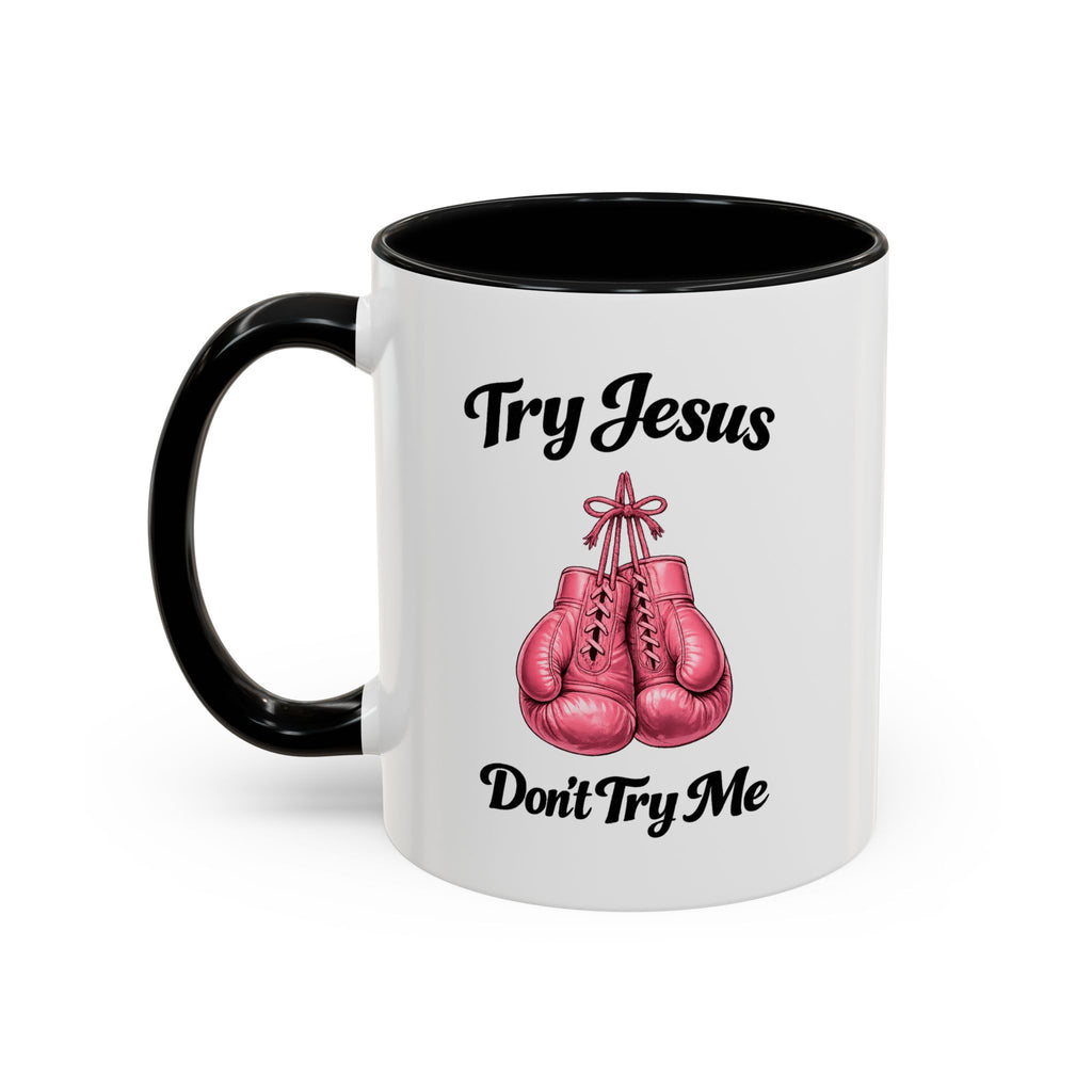 Try Jesus, Don’t Try Me Christian Coffee Mug – Pink Boxing Gloves Faith Mug for Strong Women