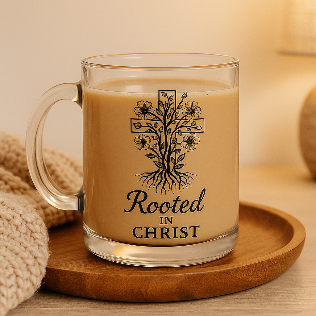 Rooted in Christ | Premium Glass, Clear 10oz Clear Christian Faith-Based Coffee Mug