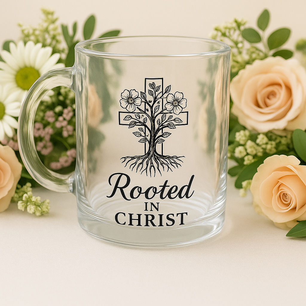 Rooted in Christ | Premium Glass, Clear 10oz Clear Christian Faith-Based Coffee Mug