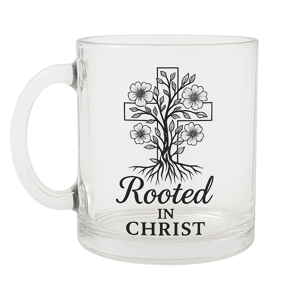 Rooted in Christ | Premium Glass, Clear 10oz Clear Christian Faith-Based Coffee Mug