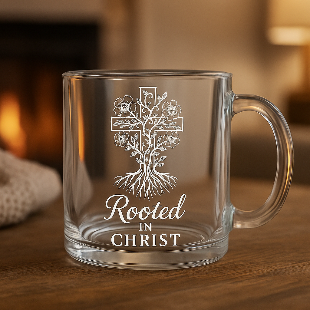 Rooted in Christ | Premium Glass, Clear 10oz Christian Faith-Based Coffee Mug