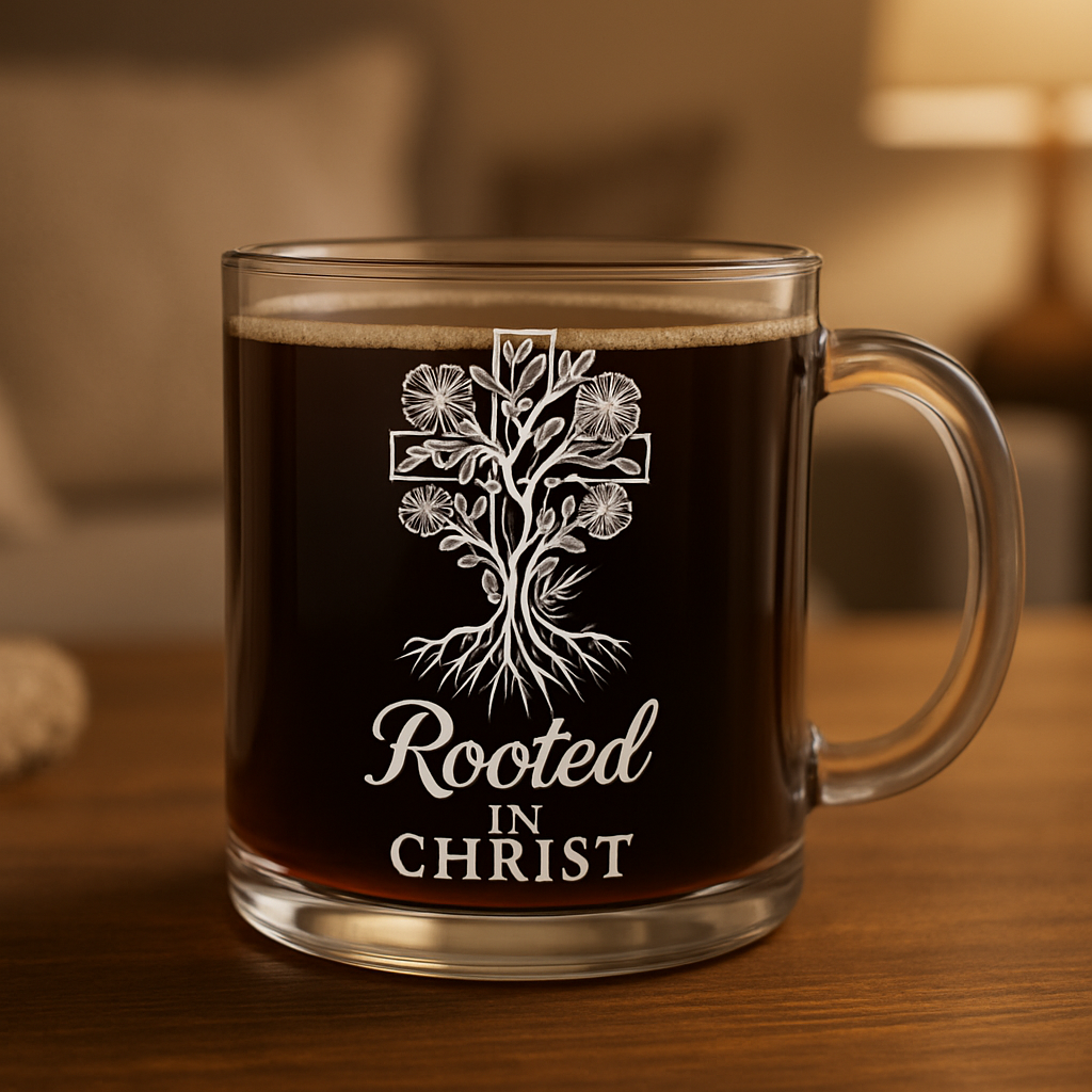 Rooted in Christ | Premium Glass, Clear 10oz Christian Faith-Based Coffee Mug
