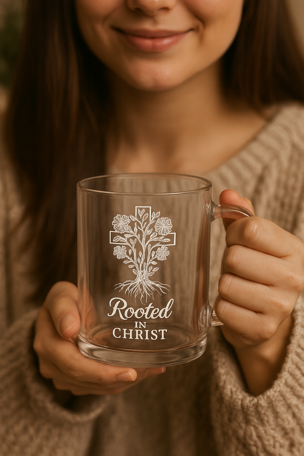 Rooted in Christ | Premium Glass, Clear 10oz Christian Faith-Based Coffee Mug