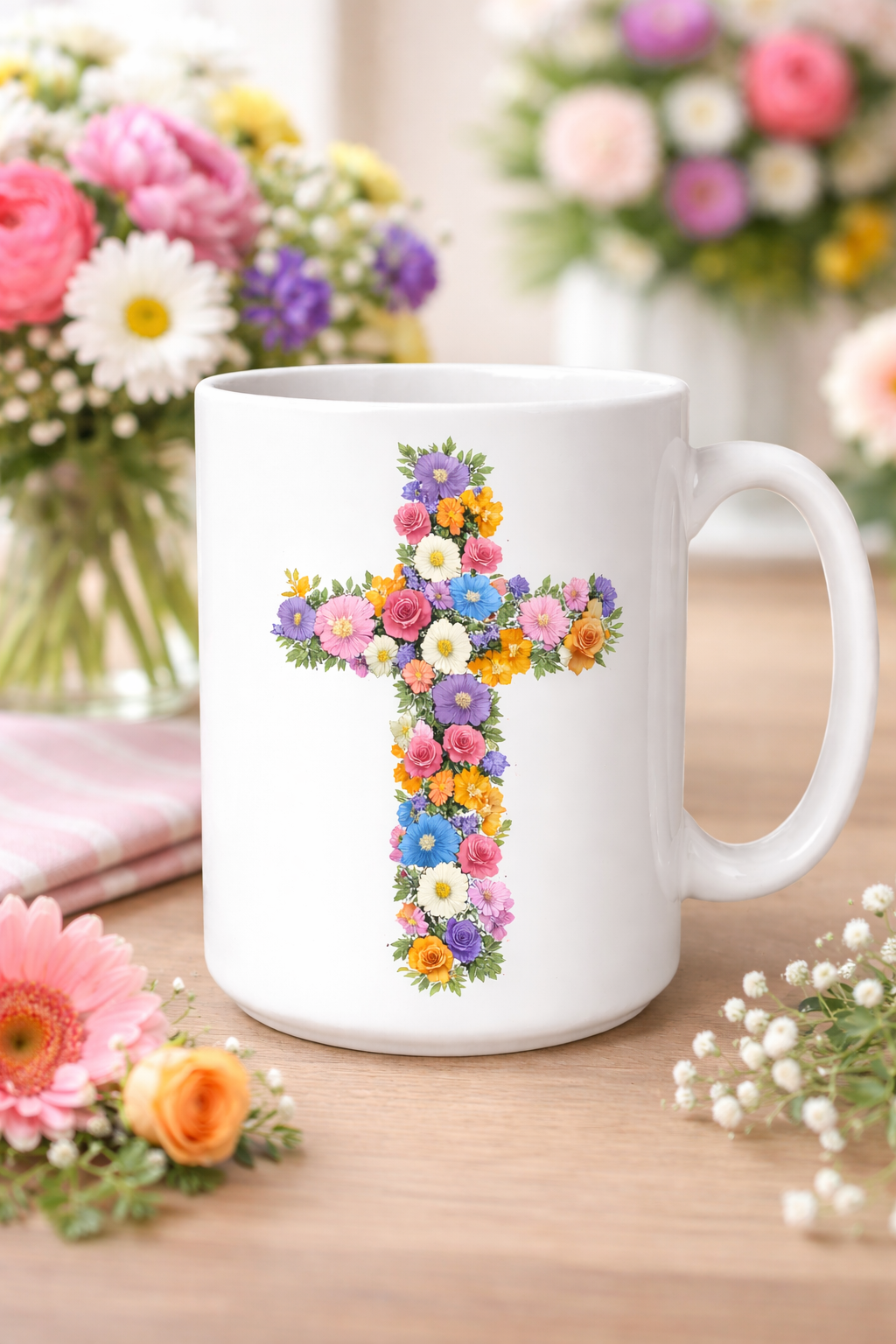 Christian Women's Floral Mug | Faith-Based Cross  Motivational Coffee Tea Cup