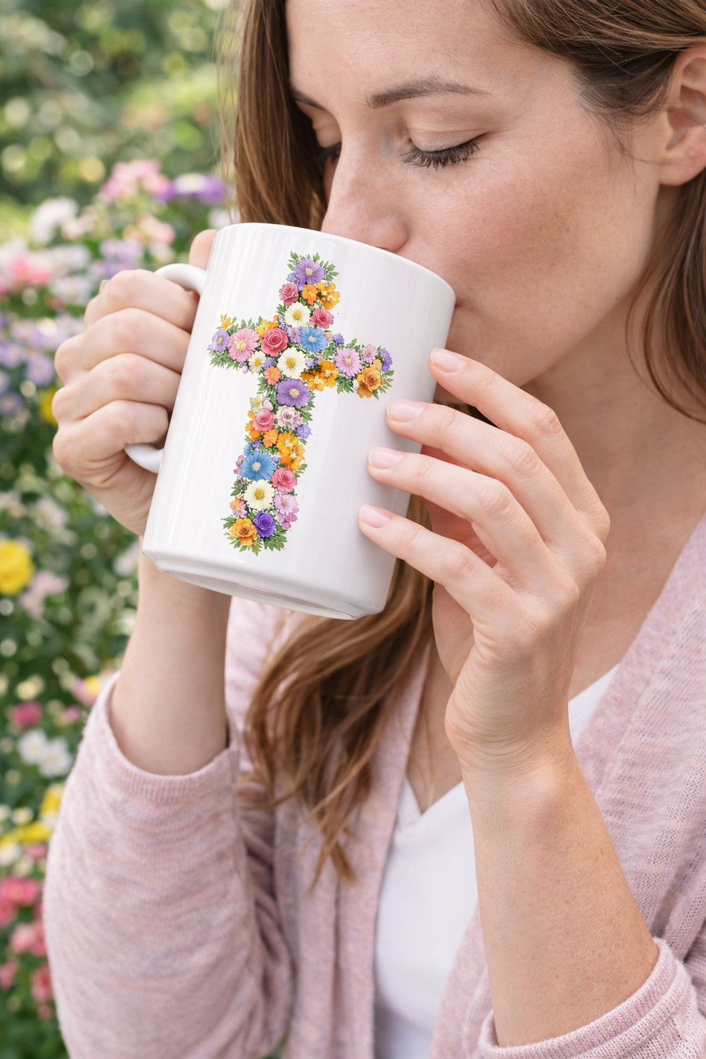 Christian Women's Floral Mug | Faith-Based Cross  Motivational Coffee Tea Cup