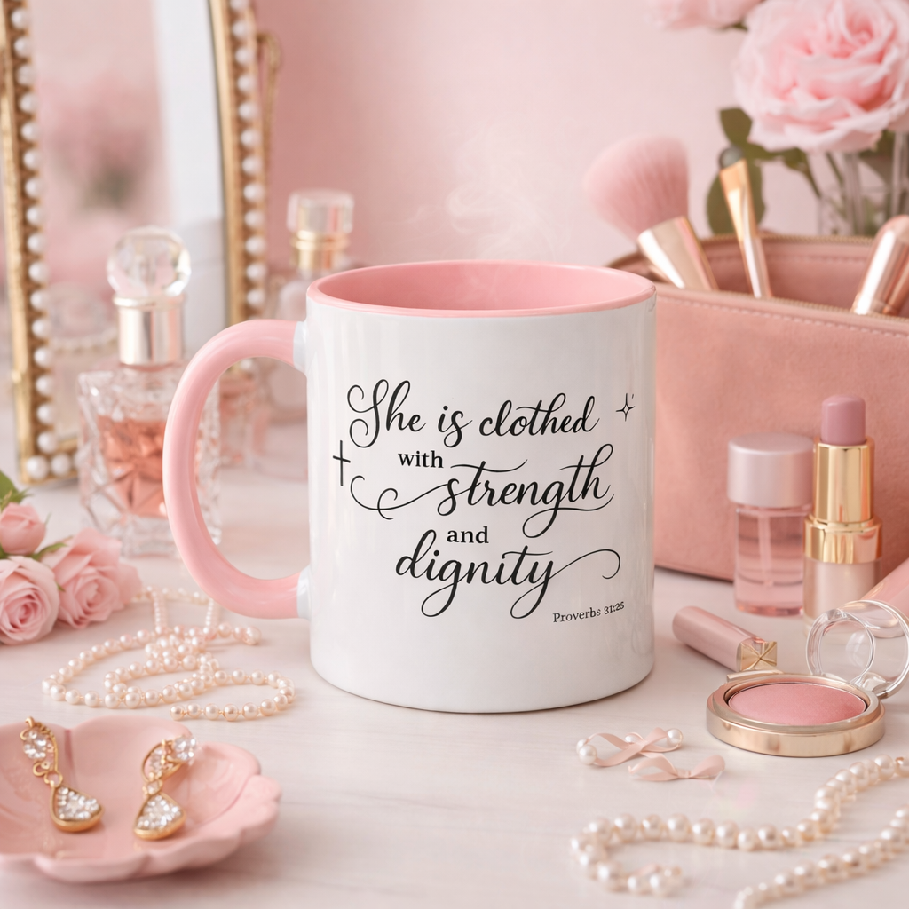 "She Is Clothed in Strength and Dignity" | Women's Inspirational Bible Verse Coffee Mug