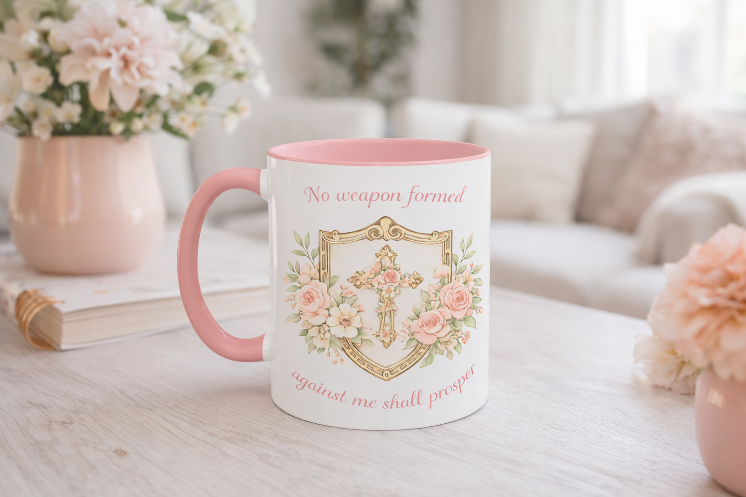 No Weapon Formed Against Me | Floral Women's Coffee Mug, Inspirational Bible Verse