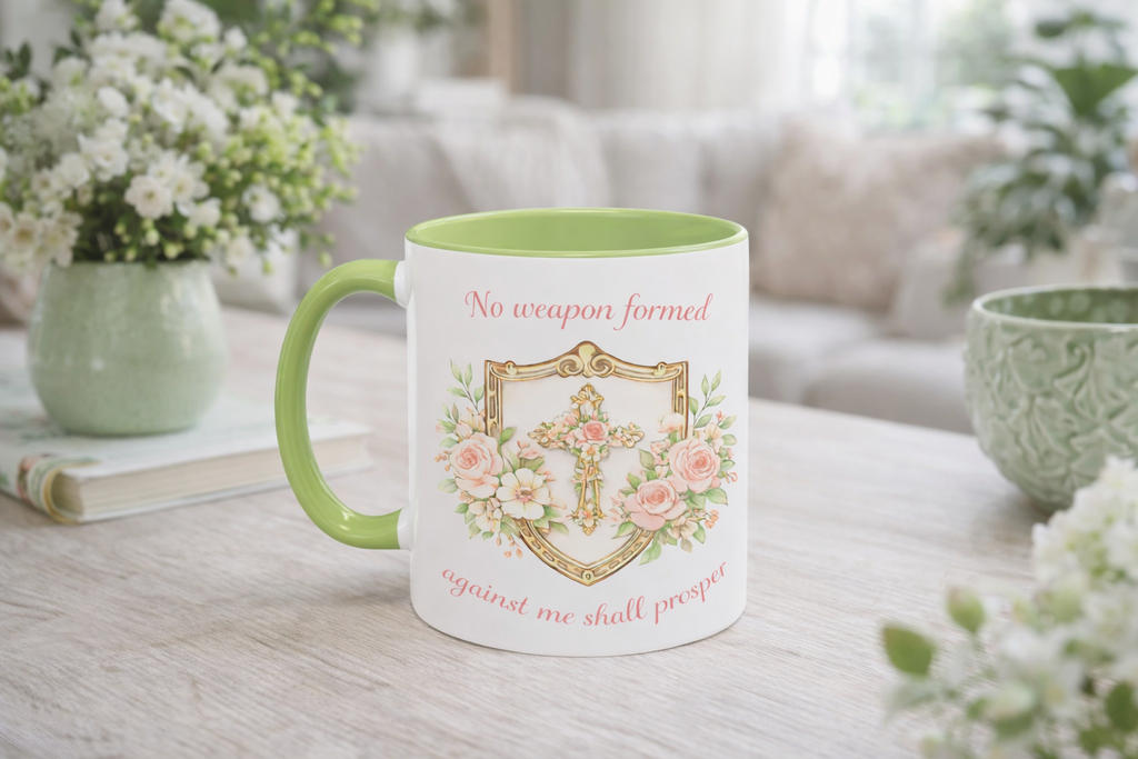 No Weapon Formed Against Me | Floral Women's Coffee Mug, Inspirational Bible Verse