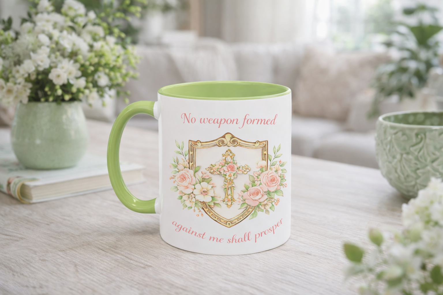 No Weapon Formed Against Me | Floral Women's Coffee Mug, Inspirational Bible Verse