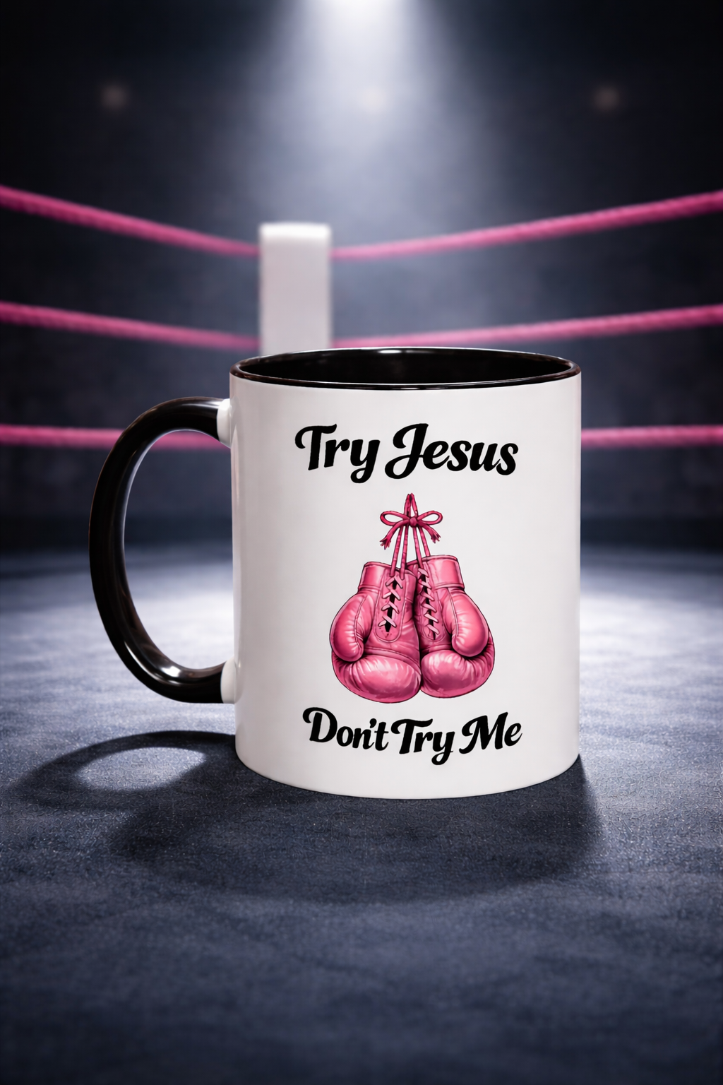 Try Jesus, Don’t Try Me Christian Coffee Mug – Pink Boxing Gloves Faith Mug for Strong Women