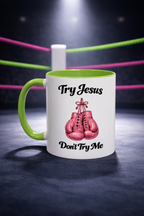 Try Jesus, Don’t Try Me Christian Coffee Mug – Pink Boxing Gloves Faith Mug for Strong Women