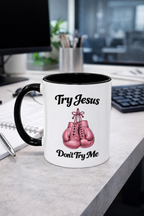 Try Jesus, Don’t Try Me Christian Coffee Mug – Pink Boxing Gloves Faith Mug for Strong Women