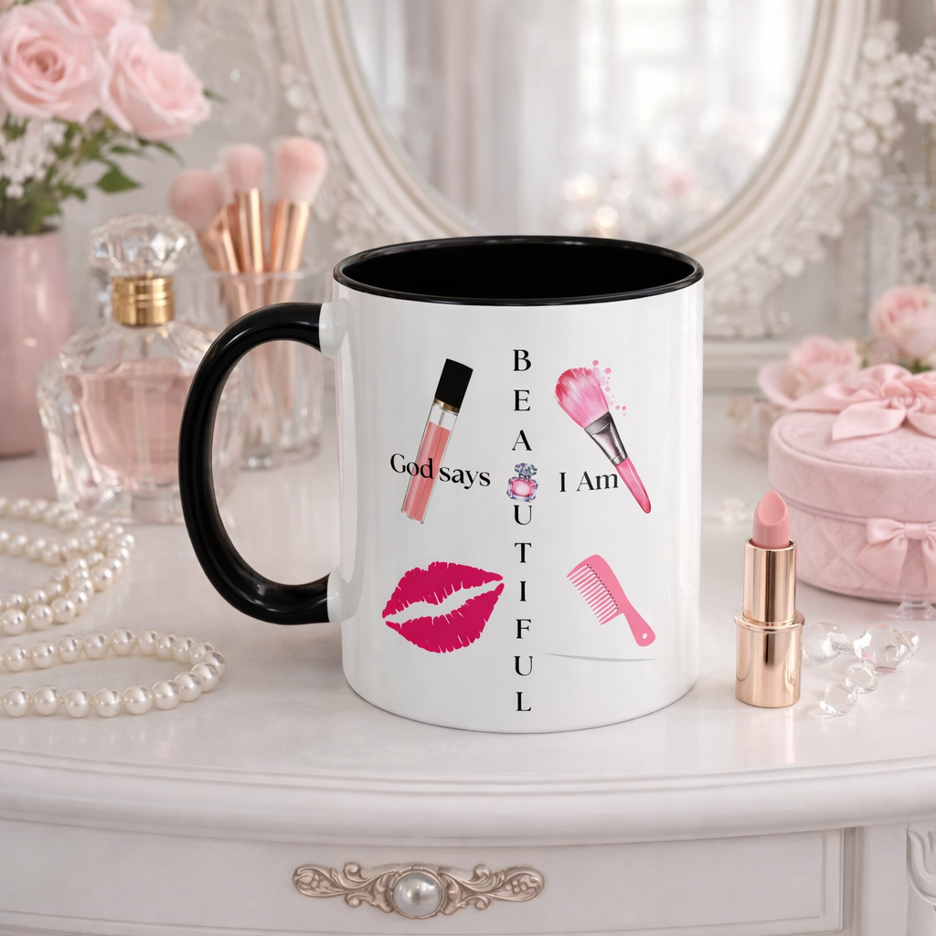 God Says I Am Beautiful Mug | Christian Inspirational Affirmation Coffee Cup for Women