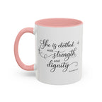 "She Is Clothed in Strength and Dignity" | Women's Inspirational Bible Verse Coffee Mug