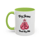 Try Jesus, Don’t Try Me Christian Coffee Mug – Pink Boxing Gloves Faith Mug for Strong Women