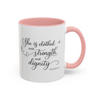 "She Is Clothed in Strength and Dignity" | Women's Inspirational Bible Verse Coffee Mug