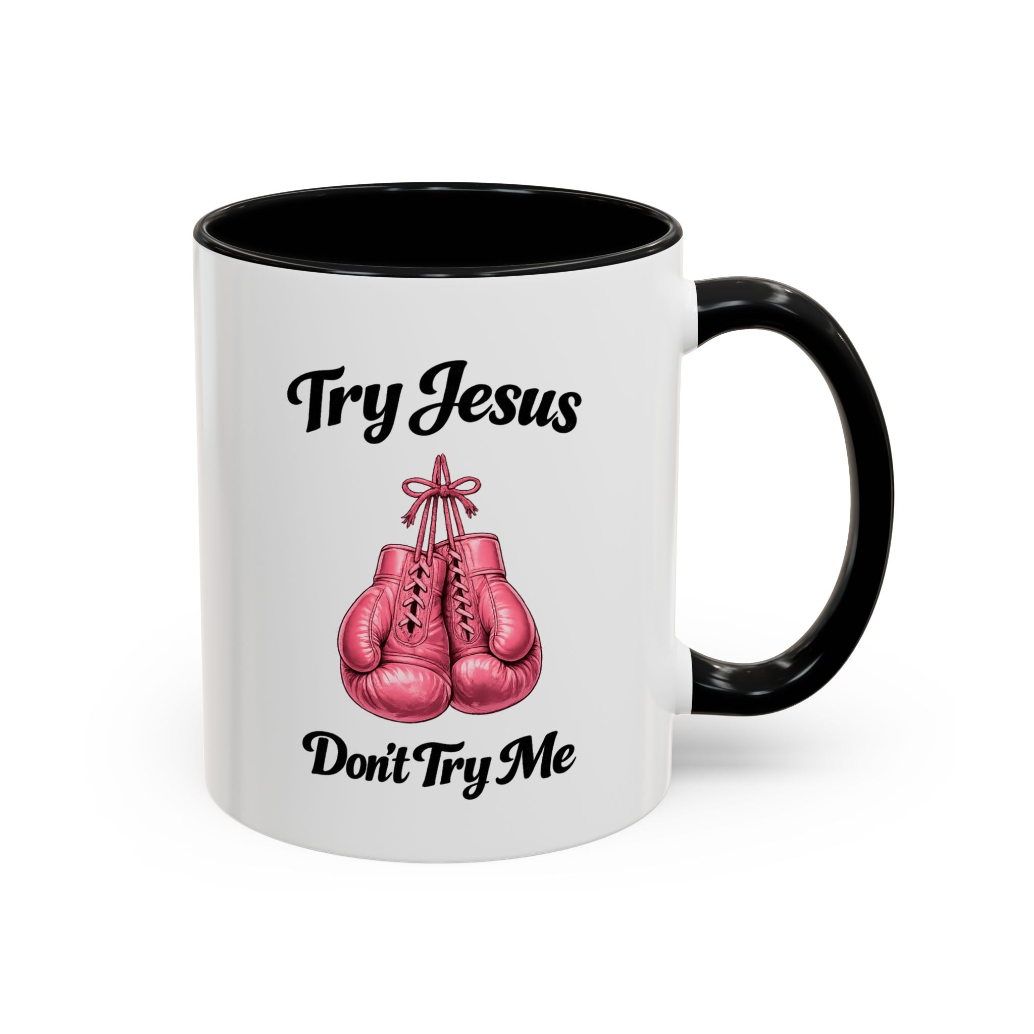 Try Jesus, Don’t Try Me Christian Coffee Mug – Pink Boxing Gloves Faith Mug for Strong Women